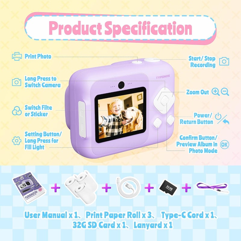 TYPONOS Instant Print Camera for Kids, Christmas Birthday Gifts for Girls Boys Age 3-12, Kids Cameras, Portable Toy Camera for 3 4 5 6 7 8 9 10 Year Old Girl with 32GB SD Card, Purple - Image 5
